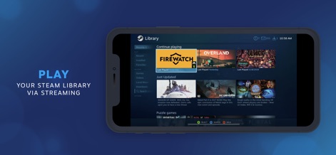 Steam Link - Los usuarios pueden navegar por su extensa "Library" de juegos de Steam, donde se visualizan las carátulas de títulos populares como "Firewatch" y "Overland", listos para reproducir.