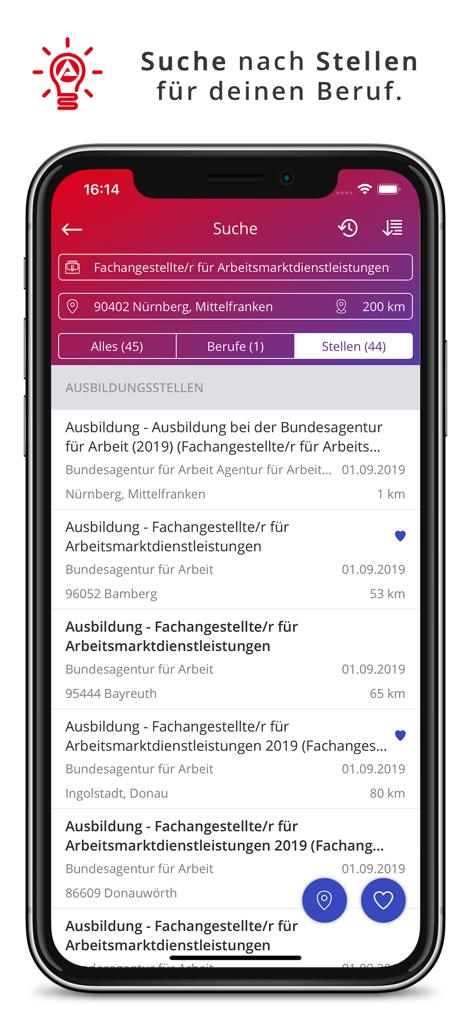 AzubiWelt - This tool facilitates a targeted search for apprenticeships, presenting filtered results and options to save favorites.