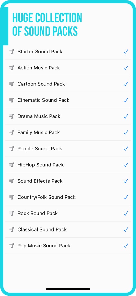 Add Music to Video :cut editor - Uma coleção diversificada de pacotes de sons, como 'Action Music Pack' e 'HipHop Sound Pack', está disponível para seleção, permitindo aos usuários escolher e aplicar trilhas sonoras.