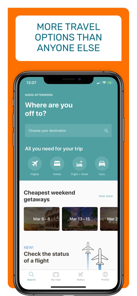 Travellink - Flights, Hotels - La aplicación centraliza la búsqueda de viajes, presentando un intuitivo menú con opciones para vuelos, hoteles y coches, y destacando ofertas como "Cheapest weekend getaways".