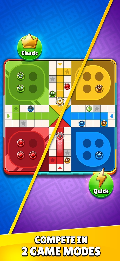 Ludo Party : Dice Board Game - The app offers varied gameplay through its Classic board mode and the fast-paced Quick mode, each with unique visual cues.