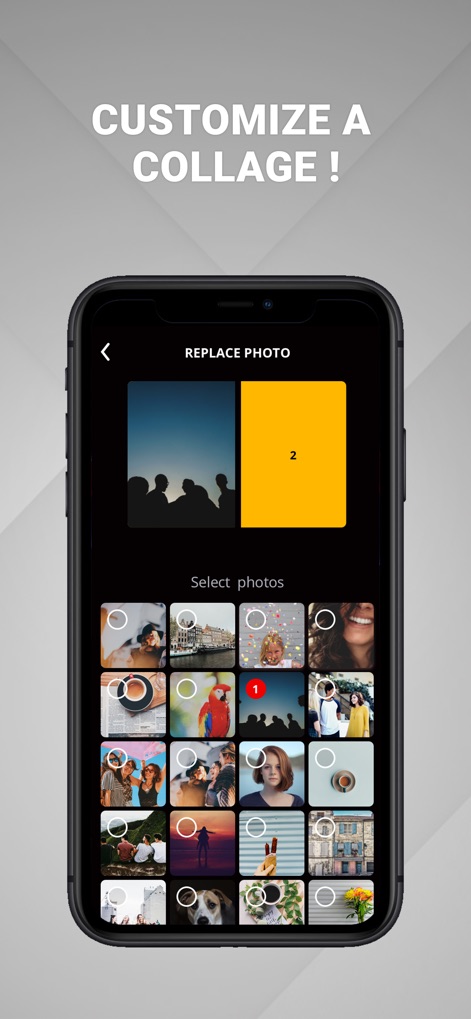 KODAK STEP Prints - Users can unleash their creativity by building custom collages, utilizing the "Select photos" grid to easily arrange and "Replace Photo" within pre-defined layouts.