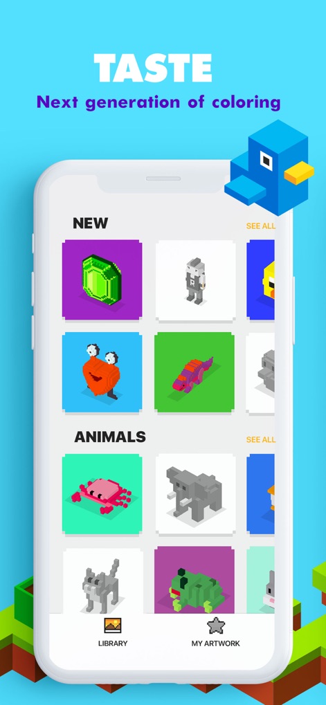 UNICORN 3D: Color by Number - The app presents an expansive library of 3D voxel figures, organized into intuitive categories such as 'New' and 'Animals' for effortless browsing.