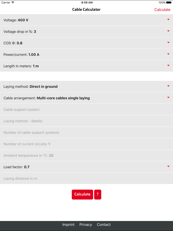 Cable Calculator iPad screenshot