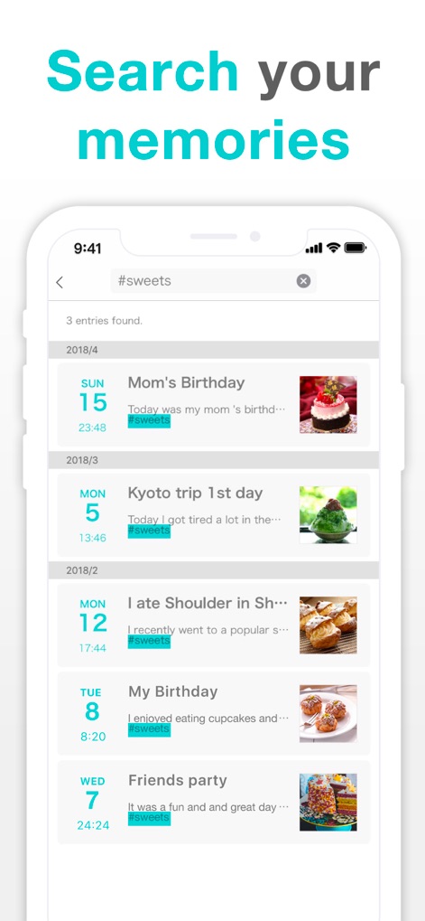 Simple Diary - Daily Journal - See how the app streamlines memory recall with its efficient tag search function, displaying categorized entries alongside relevant image previews.