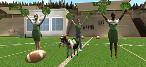 Goat Simulator: Pocket Edition - 鮮やかなフットボールフィールド上で、ポンポンを持ったチアリーダーたちとアメリカンフットボールが散乱する中、ヤギが予測不能な行動を見せます。
