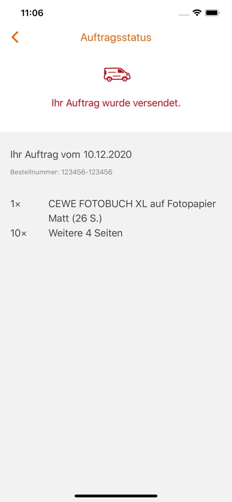 Migros Photo Service - Track order status effortlessly, viewing the shipment confirmation ('Ihr Auftrag wurde versendet') and detailed product information like the 'CEWE FOTOBUCH XL'.