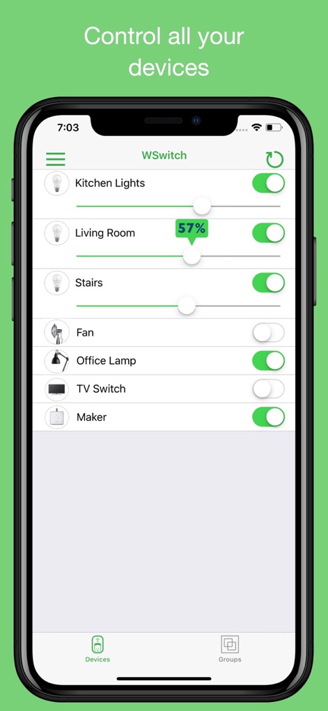 WSwitch for WeMo - The app provides a streamlined interface for managing all Wemo devices, featuring clear on/off toggles and precise dimmer sliders for immediate command.