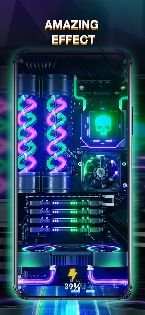 OPixels-Charging Wallpaper - Observe the app's 'Amazing Effect' with intricate, glowing circuit board details and vibrant, swirling DNA-like tubes during charging.