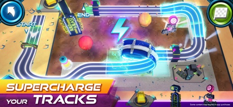 Race Craft - Kids Car Games - Observe the strategically placed power-ups like the lightning bolt icon and the elaborate track designs, which include thrilling loops and sharp turns, enhancing the racing experience.