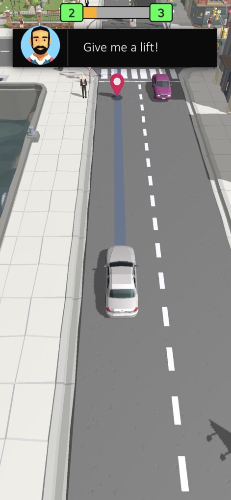 Pick Me Up 3D: Taxi Game - See how the app presents passenger requests through a character avatar and guides players with a clear pick-up marker on the road.