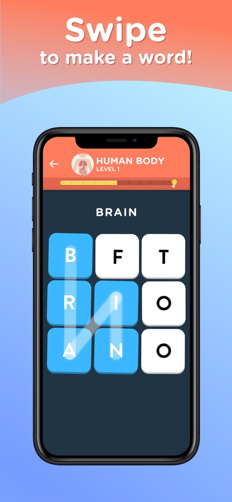 WordBrain 2: Fun word search! - Discover how users intuitively swipe across individual letter tiles to form words within the engaging themed puzzles, as demonstrated with the 'Human Body' category.