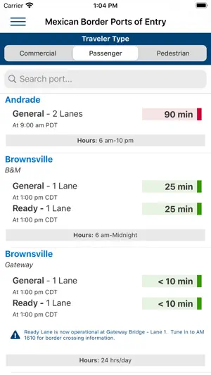 CBP Border Wait Times screenshot 2