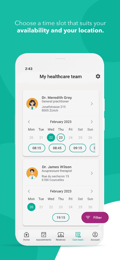 OneDoc - This tool offers a clear overview of the user's healthcare team and provides an interactive calendar to easily select preferred appointment time slots.