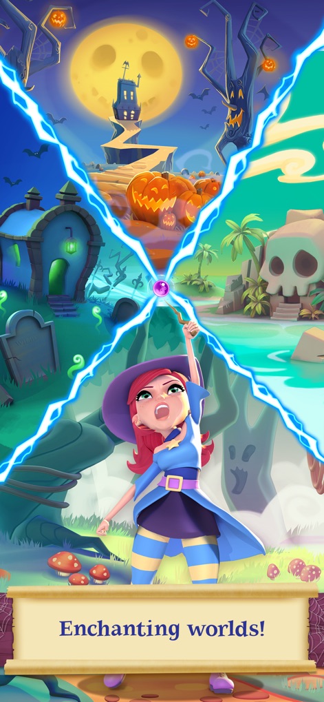 Bubble Witch 2 Saga - Discover the array of distinct magical realms, from the eerie spooky mansion to the vibrant pumpkin patch, as Stella unleashes powerful spells across the screen.