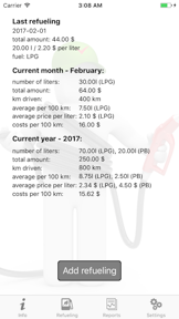 Refueling statistics screenshot
