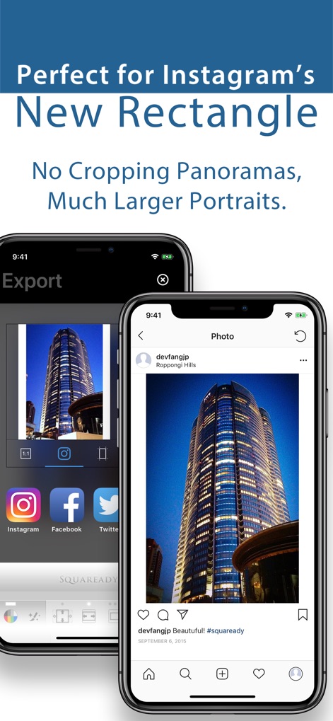Squaready - See how the app streamlines sharing with dedicated social media export buttons and perfectly fits uncropped images into Instagram's new rectangle format.