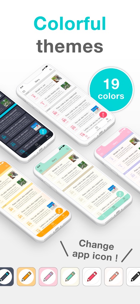 Simple Diary - Daily Journal - Explore the app's extensive customization options, showcasing 19 vibrant theme colors and the unique ability to change the app icon for a tailored experience.