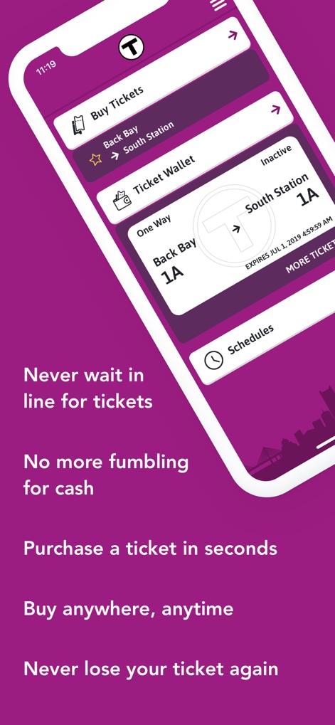 MBTA mTicket - Discover the app's intuitive home screen, showcasing streamlined options for purchasing new tickets and managing your existing 'Ticket Wallet'.