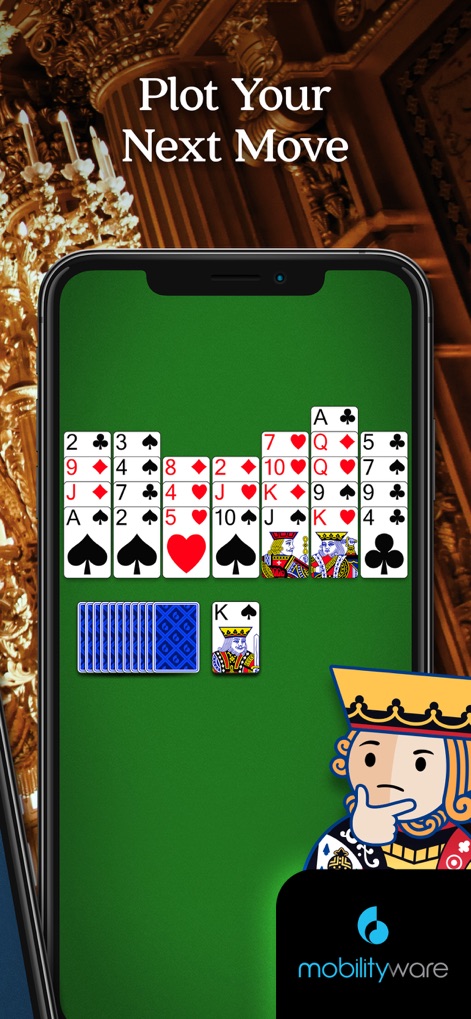 Crown Solitaire: Card Game - Examine the active game board with multiple card columns and the thoughtful character illustration suggesting strategic depth.