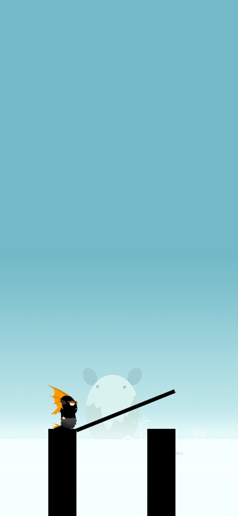 Stick Hero - Observe a distinctive character with orange wing-like features skillfully extending the stick, demonstrating the timing and precision needed to conquer platforms within a stark, icy environment.