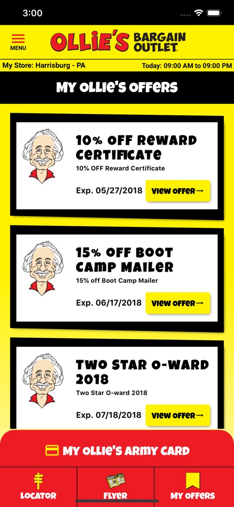 Ollie's Bargain Outlet, Inc - The app organizes exclusive savings through a clear list of personalized discount offers and their respective expiration dates, each accessible via 'View offer' buttons.