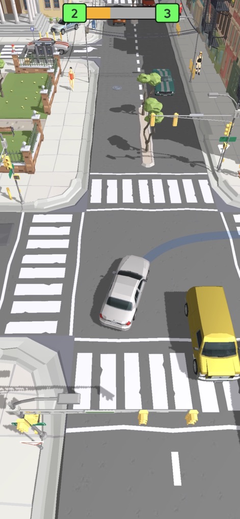 Pick Me Up 3D: Taxi Game - Observe the player's car expertly navigating a busy city intersection, surrounded by other traffic vehicles and detailed crosswalks.