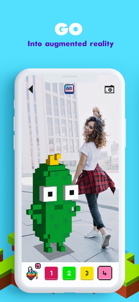 UNICORN 3D: Color by Number - Users can engage with their creations using the AR coloring mode, bringing voxel characters like the pickle into real-world environments for interactive play.