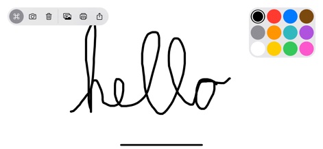 Whiteboard: just draw together - Questo strumento permette di iniziare a disegnare immediatamente, come dimostra la scritta chiara "hello" su tela bianca, evidenziando la semplicità dell'interfaccia e il tratto netto del pennarello nero.