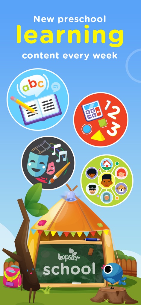 Hopster: ABC Games for Kids - Users can explore diverse learning modules covering ABCs and 123s, all presented within an engaging 'Hopster School' themed interface.