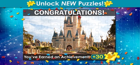 Disney Jigsaw Puzzles! - パズルを完成させると、「CONGRATULATIONS!」という祝福のメッセージが表示され、達成を象徴する豪華なシンデレラ城のパズル画像と共に、報酬として新たなパズルを獲得できる様子が視覚化されています。