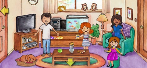 My PlayHome Plus - Observe family members engaging in a cozy living room, complete with an interactive television and a captivating aquarium.