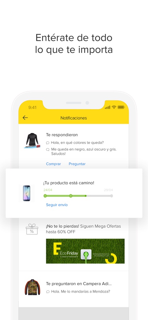 Mercado Libre: Compras Online - Users remain connected through a centralized notification feed that delivers important updates, including real-time shipping progress and interactive communication from sellers.