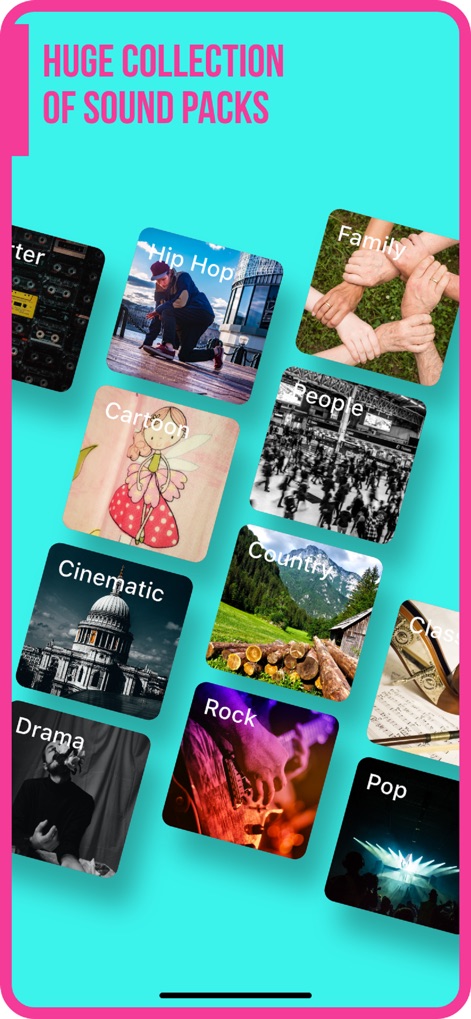 Add Music to Video :cut editor - Os usuários têm acesso a uma vasta coleção de pacotes de sons organizados por categorias como 'Hip Hop' e 'Cinematic'.