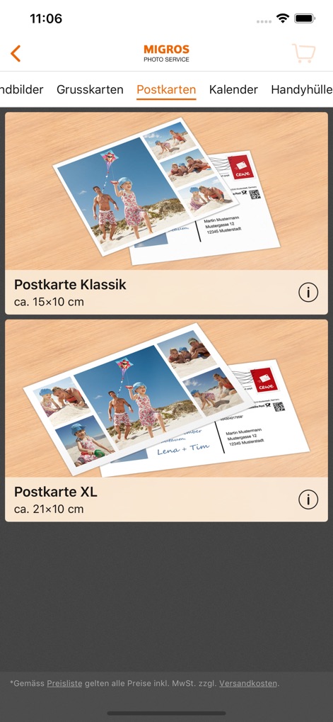 Migros Photo Service - Send personalized postcards, with options like the standard 'Postkarte Klassik' and the larger 'Postkarte XL', directly from the app.