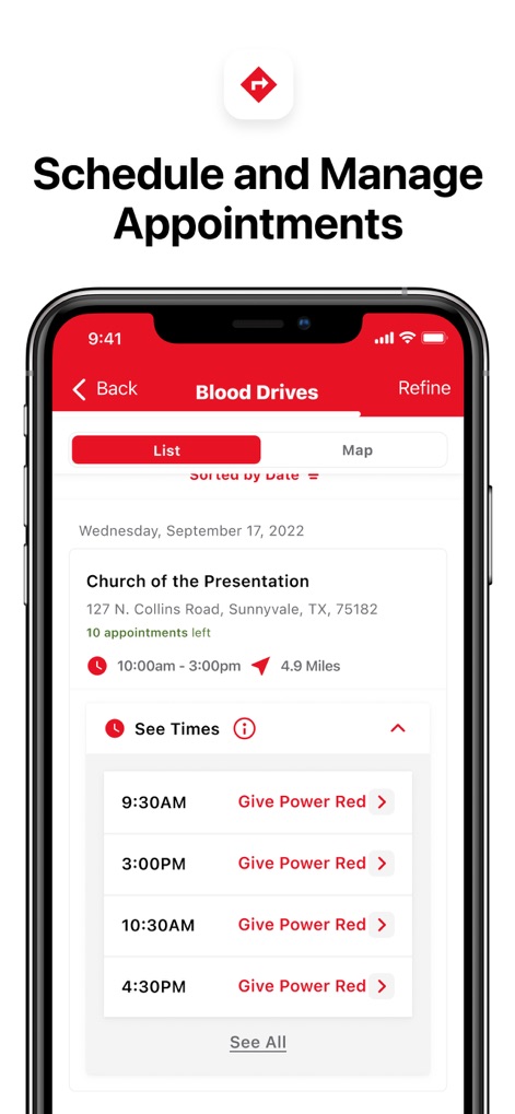 Blood Donor American Red Cross - The app simplifies scheduling with clear "List" and "Map" views for locations, along with an intuitive "See Times" button to pick preferred donation slots.