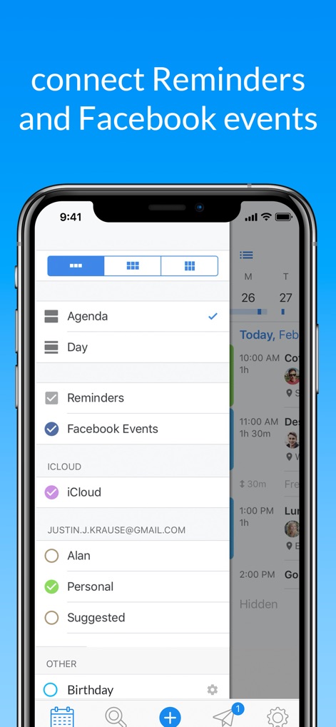 Calendar · - The app streamlines organization by allowing users to connect external services like 'Reminders' and 'Facebook Events' for a single, comprehensive view.