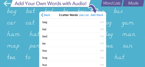 Writing Wizard: Learn to Write - Das Tool bietet die Funktion, eigene Wortlisten wie "bag" oder "bat" hinzuzufügen und diese mit individuellen Audioaufnahmen zu versehen.