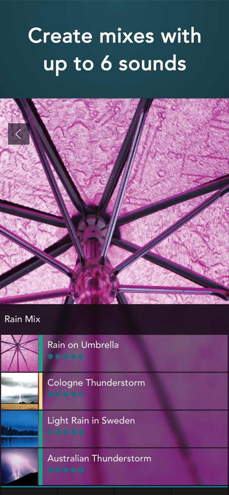 Rain Sounds HQ: sleep aid - This tool offers a versatile interface for custom sound mixing, enabling users to combine multiple rain sounds into a personalized 'Rain Mix' as shown.