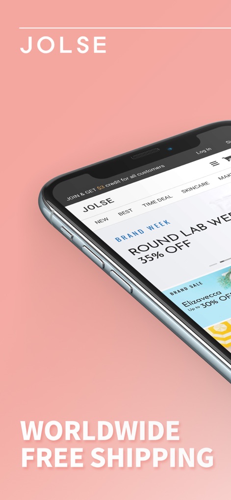 JOLSE - The app welcomes users with an inviting interface, showcasing prominent sales banners like 'BRAND WEEK 35% OFF' and intuitive navigation tabs for categories such as 'SKINCARE' and 'MAKEUP'.