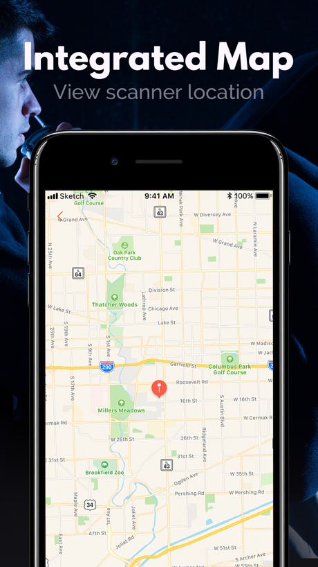 Police Scanner: Fire Radio App Store screenshot 5, headline “Integrated Map”. A hand holds the phone.