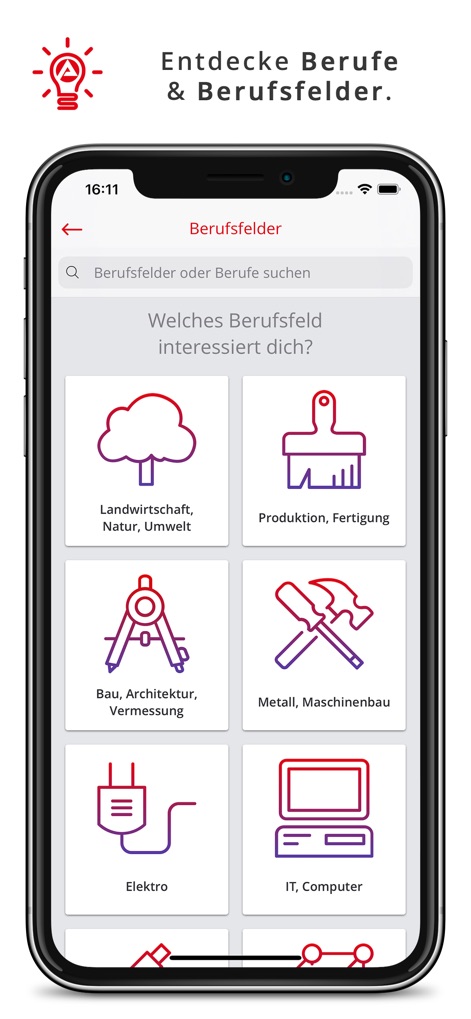 AzubiWelt - Users can explore diverse career sectors through a grid of visually distinct icons and a convenient search bar.