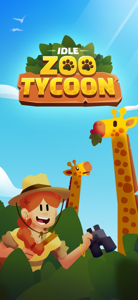 Idle Zoo Tycoon 3D - Discover the vibrant art style and adventurous spirit, featuring a cheerful explorer and playful giraffes, that sets the stage for building a bustling animal park.