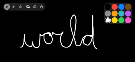 Whiteboard: just draw together - Gli utenti possono esplorare nuove prospettive creative, come si vede nella parola "world" disegnata in bianco, grazie alla possibilità di cambiare lo sfondo in nero e creare contrasti sorprendenti.