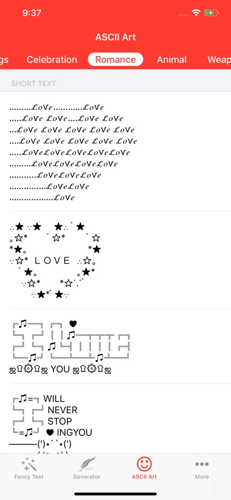 Fancy Text Symbols - '로맨스' 카테고리에서는 '하트' 모양과 '음표' 장식으로 표현된 "Love" 메시지 등 감성적인 ASCII 아트를 찾아볼 수 있습니다.