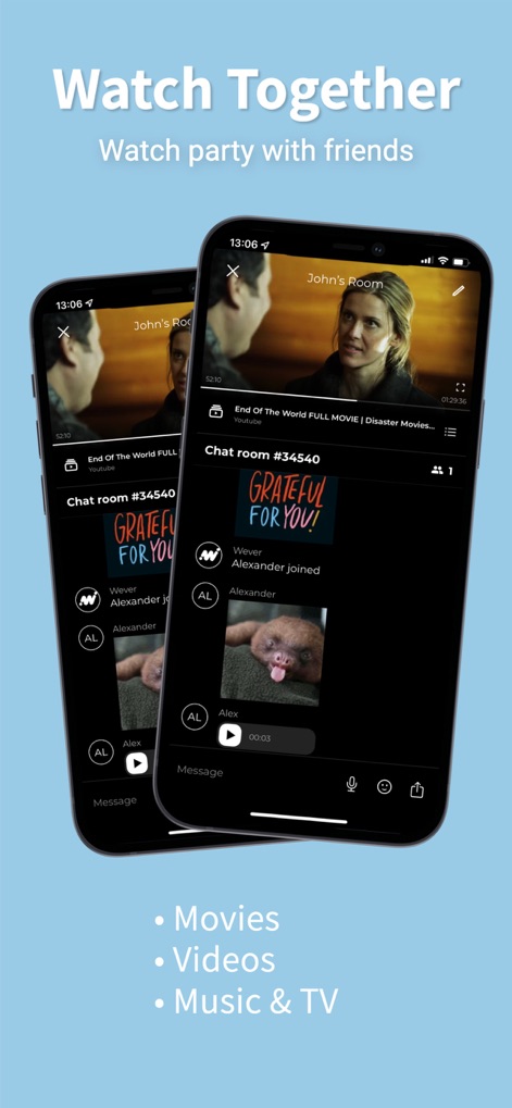 Watch party together: WEVER - Esta captura ilustra la fluida integración de la reproducción de video con una sala de chat interactiva, mostrando las opciones para "Películas" y "Videos" como parte de la experiencia compartida.