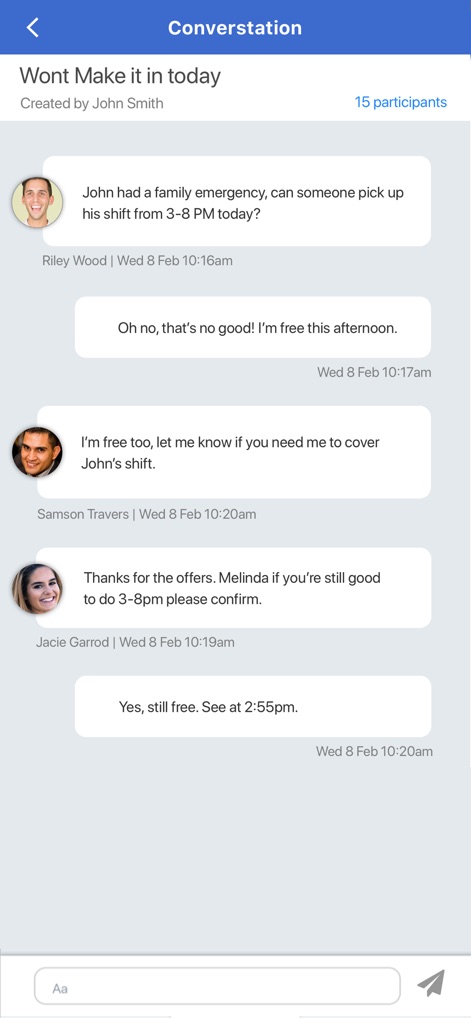 LIFELENZ - The app facilitates seamless internal communication, showcasing a group 'conversation' interface with individual messages and '15 participants' clearly indicated.
