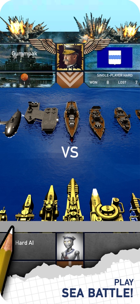 Fleet Battle: Sea Battle PvP - Das Bild stellt die spannende Gegenüberstellung der Flotten vor einem explosiven Hintergrund dar und verdeutlicht die Möglichkeit, im anspruchsvollen Einzelspieler-Modus gegen einen KI-Gegner anzutreten.