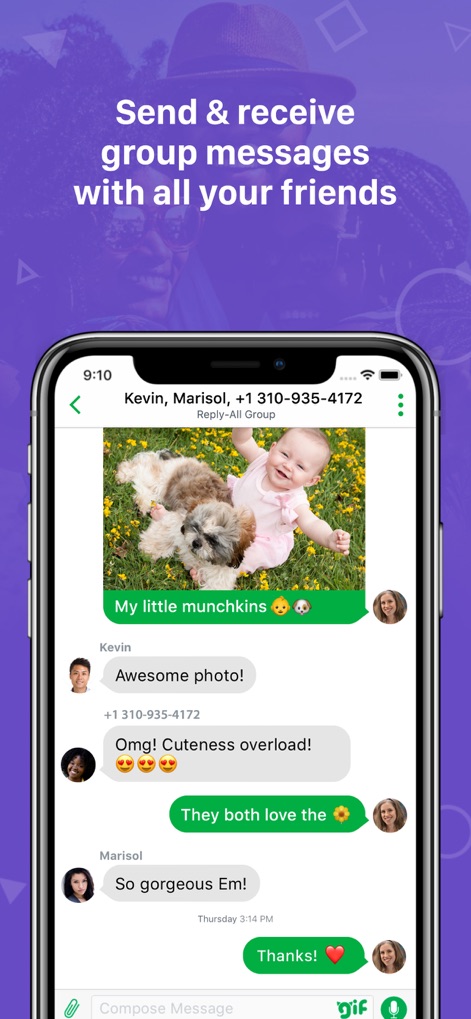 Nextplus: Private Phone Number - Users can enjoy seamless group conversations, identified by clear participant names and enhanced by individual profile pictures next to each message for easy identification.