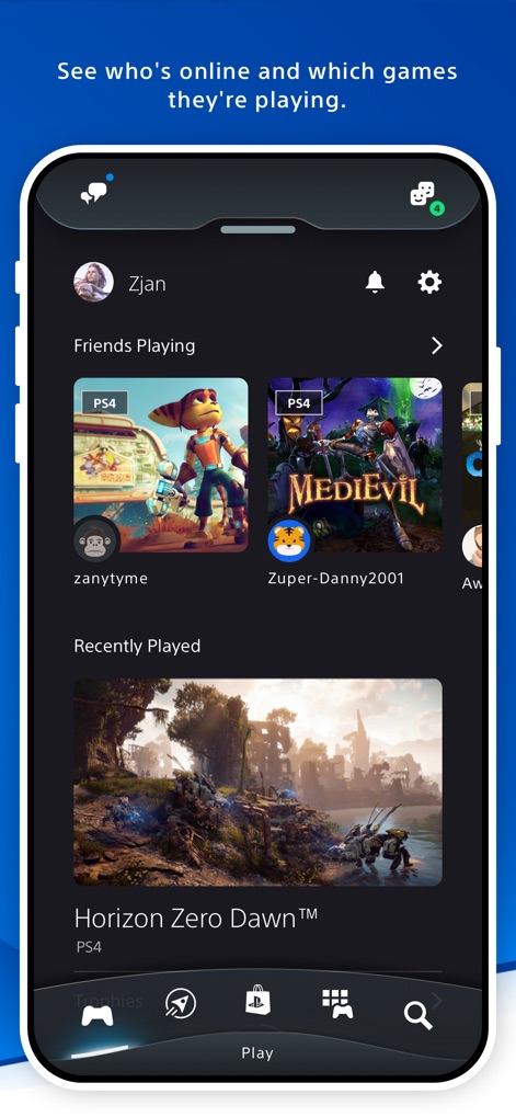 PlayStation App - Users can easily monitor their friends' current gaming activities and view their own recently played titles directly within the intuitive interface.